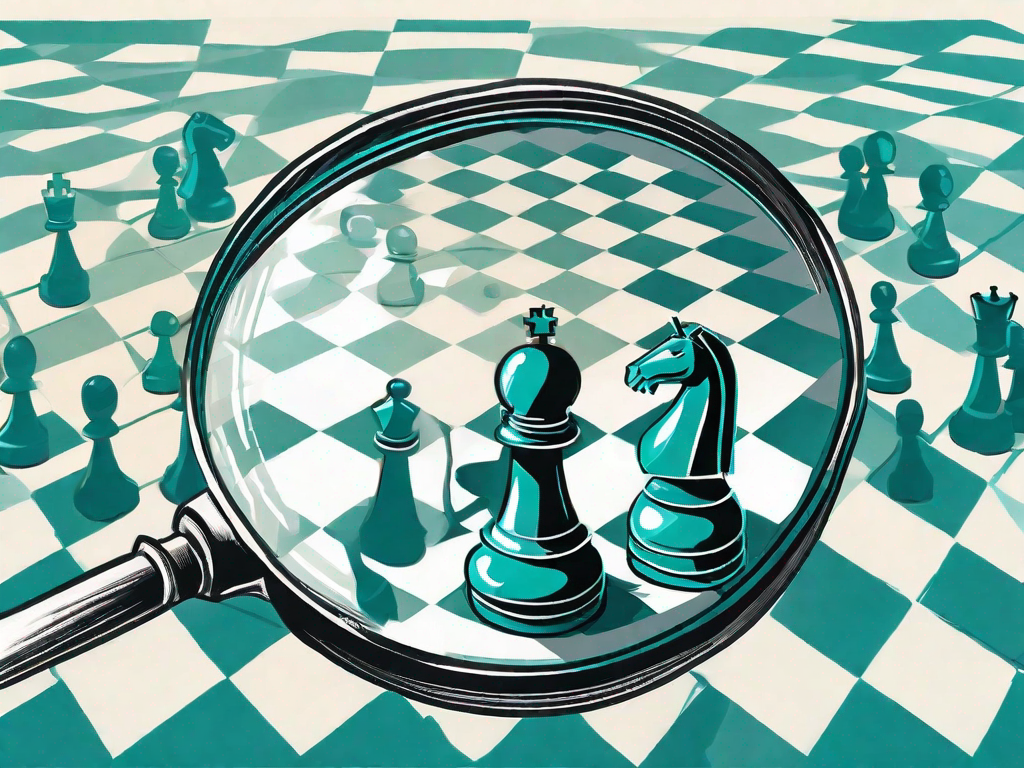 A magnifying glass focusing on a chess piece on a chessboard