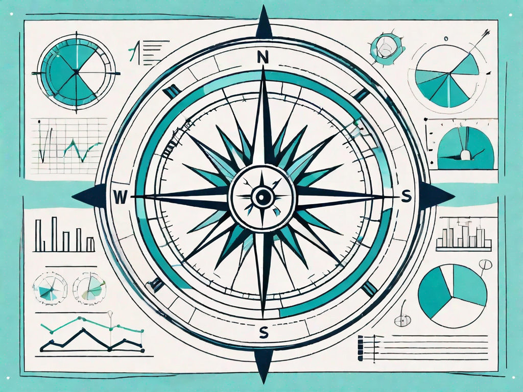 A compass surrounded by various types of charts and graphs