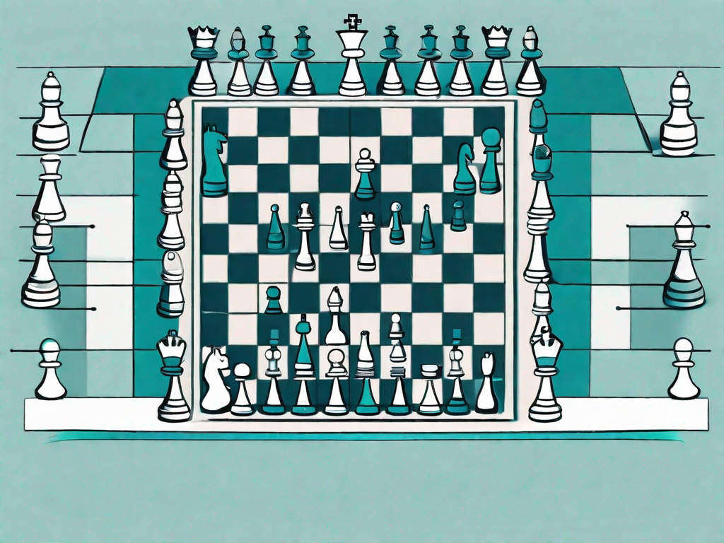 A chessboard with various chess pieces strategically positioned