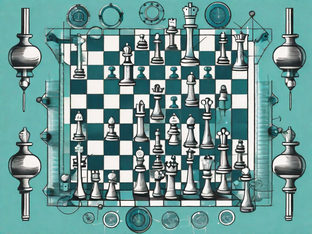 A chessboard with chess pieces strategically placed