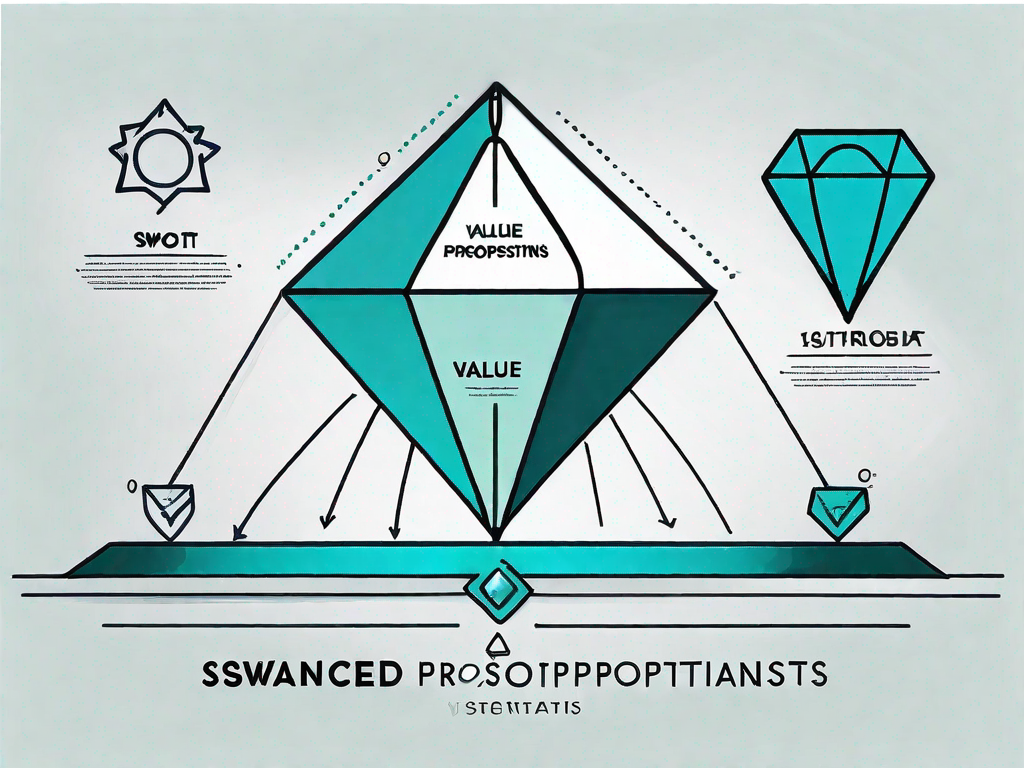 A balanced scale with swot analysis components (strengths