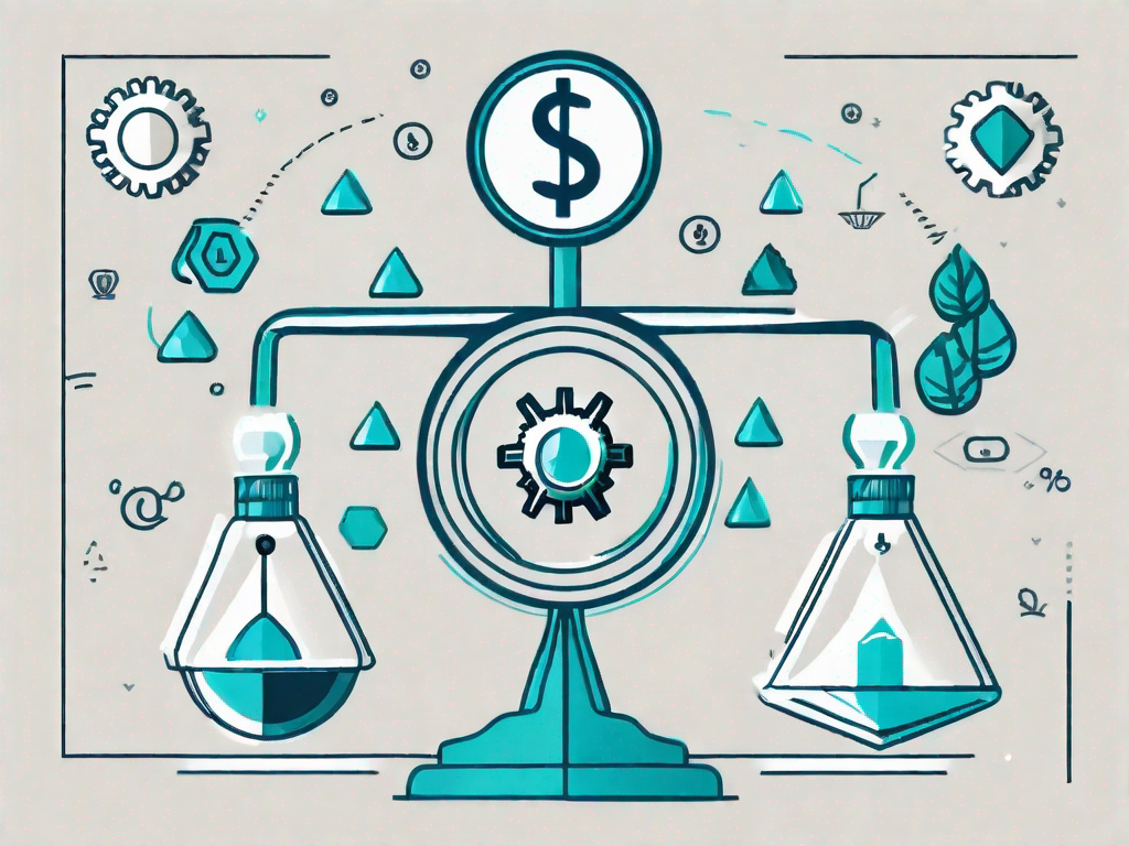 A balanced scale with different business icons like a gear