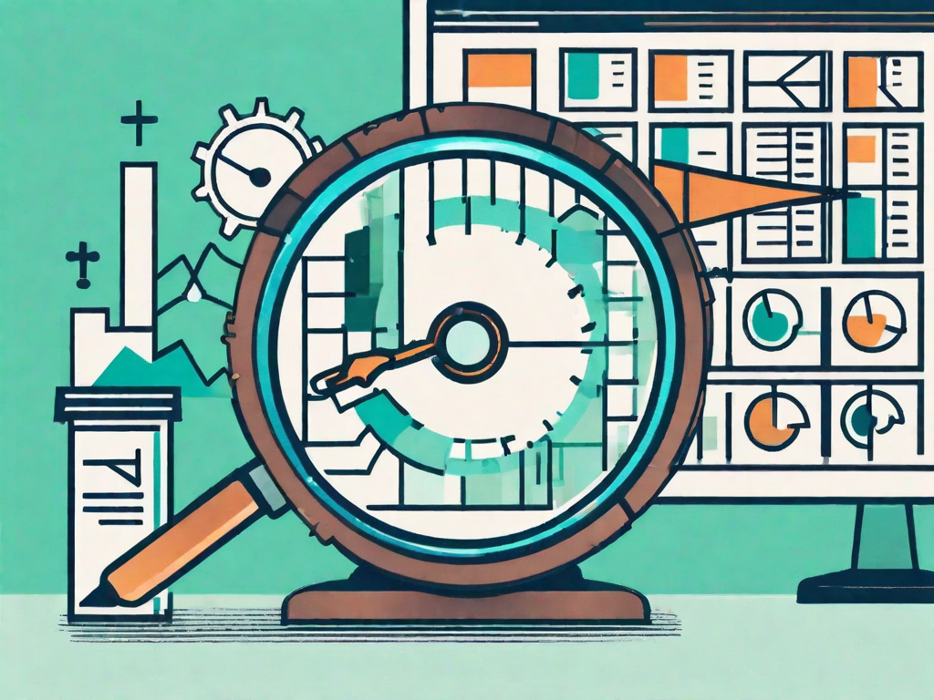 A magnifying glass hovering over a bar graph and pie chart