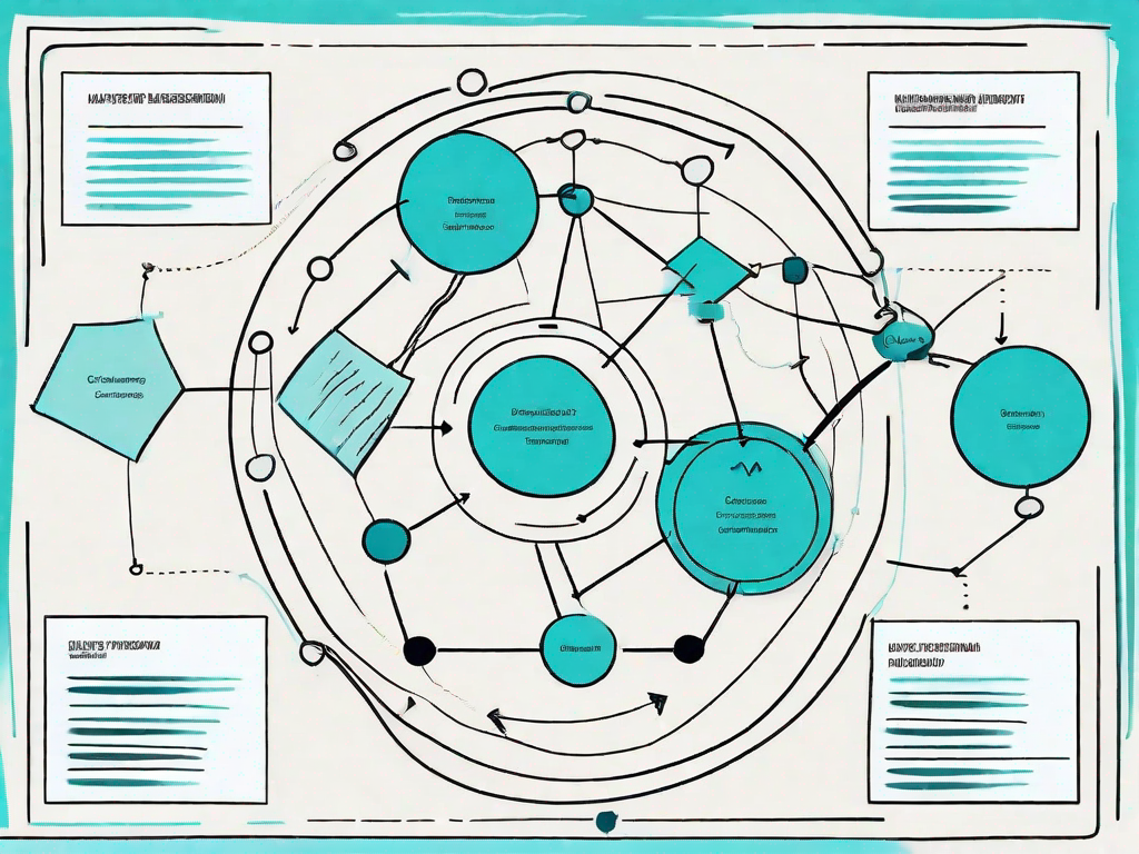 A use case diagram with various interconnected shapes and arrows