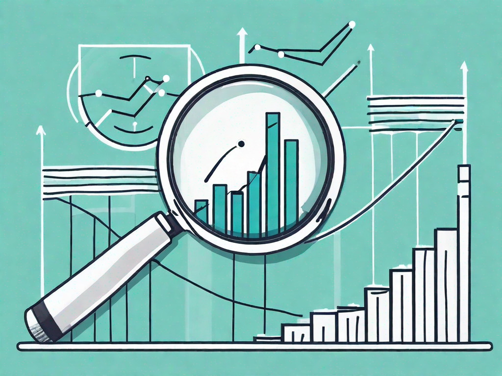 A magnifying glass focusing on a bar graph and a flowchart