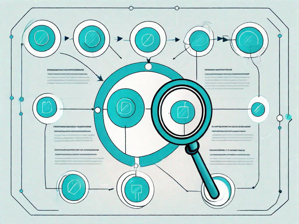 A magnifying glass focusing on a flowchart with different paths and nodes