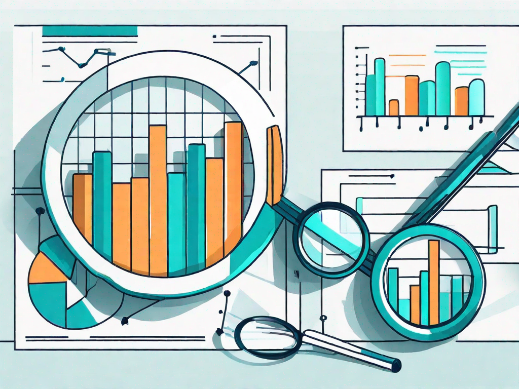 Two magnifying glasses hovering over a pair of bar graphs and pie charts