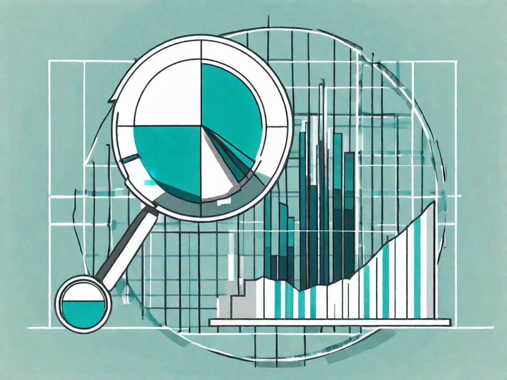 Two magnifying glasses examining a pie chart and a bar graph