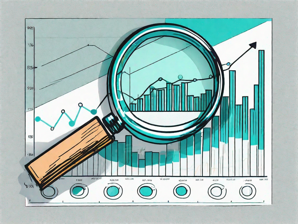 A magnifying glass examining a chart with rising sales bars