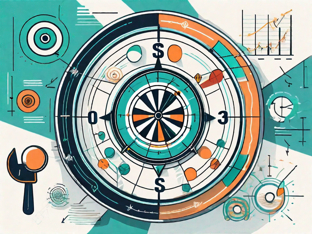 A magnifying glass focusing on a dartboard with a bullseye marked as 'sales targets'