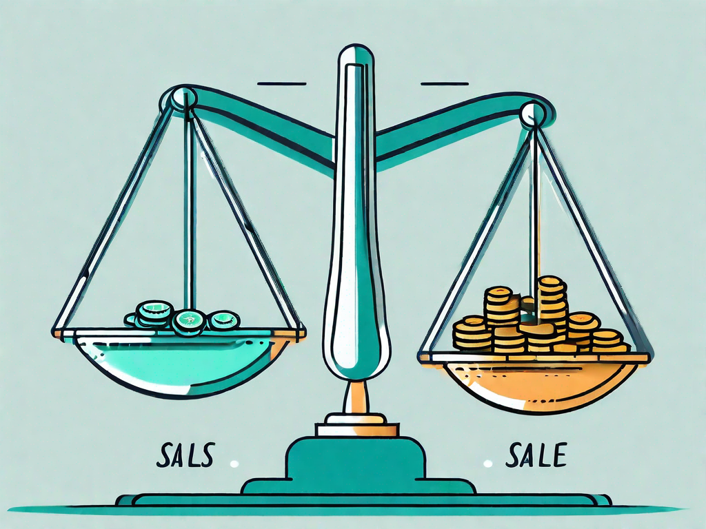 A balanced scale with sales tags on one side and coins on the other