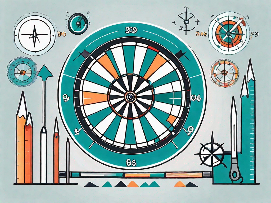 A dartboard with various markers indicating different sales targets