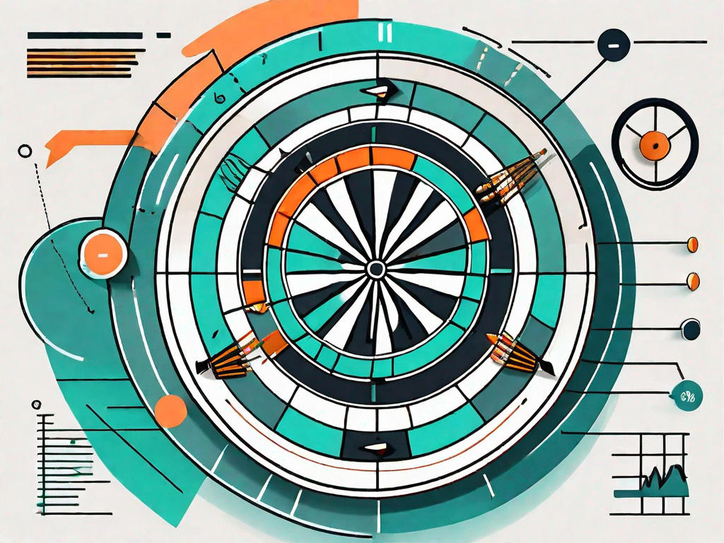 A dartboard with various sales-related icons like dollar signs