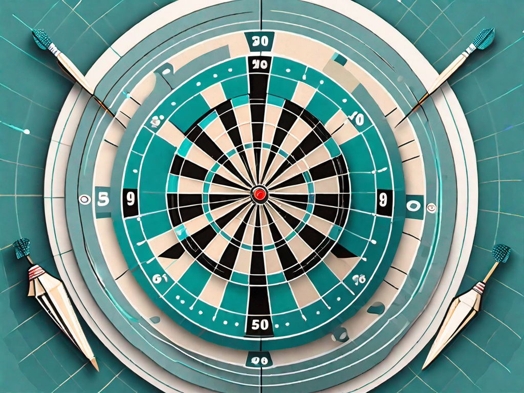 A dartboard with darts hitting various points