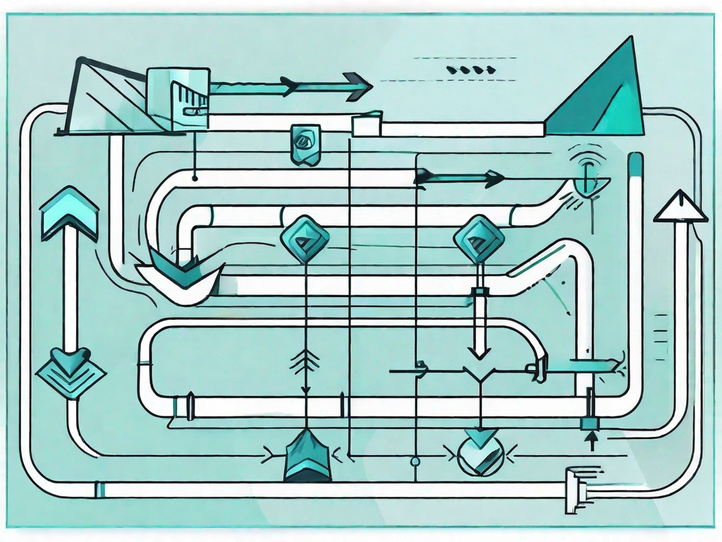 A value stream map with various symbolic elements like arrows and boxes