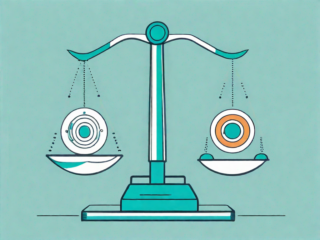 A balanced scale with sales targets on one side and porter's five forces (depicted as five different symbols) on the other