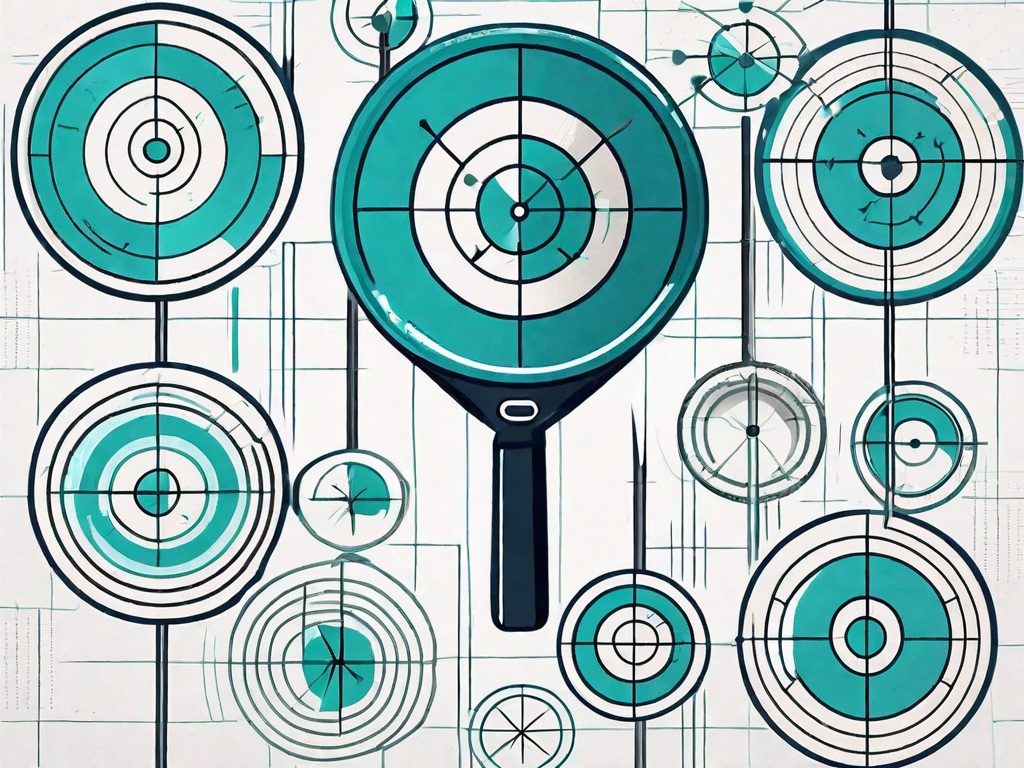 A magnifying glass focusing on a dartboard with different sales targets