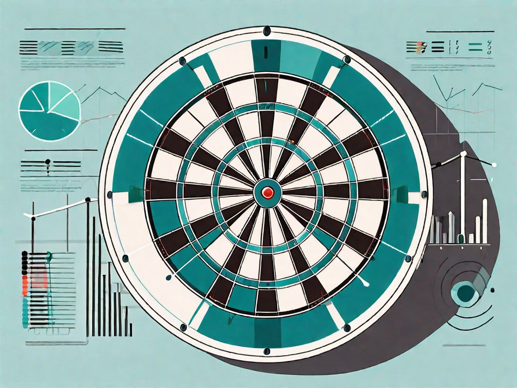 A dartboard with various analytics graphs and charts as the background