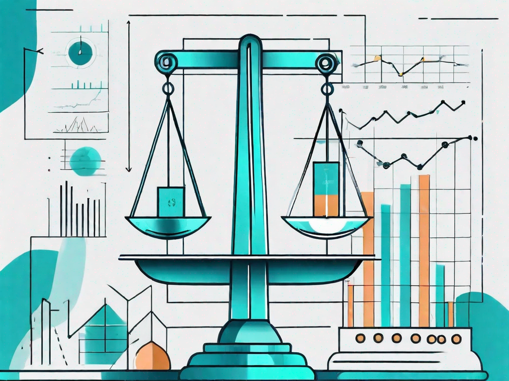 A balanced scale with a product on one side and various elements like charts