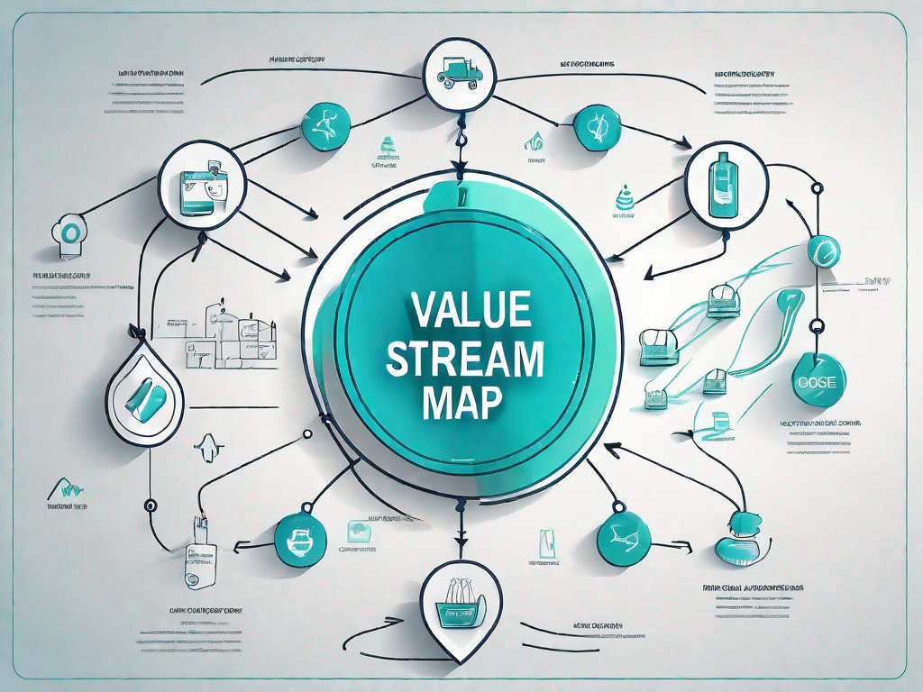 A value stream map with various product icons flowing through it