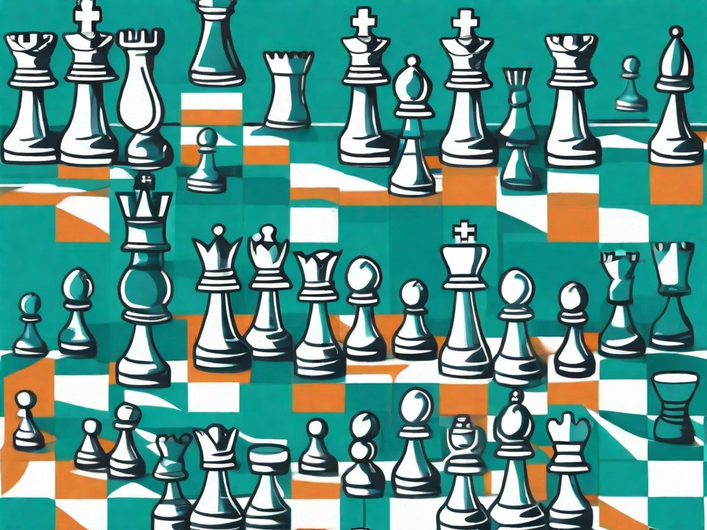 A chessboard with various product icons as chess pieces