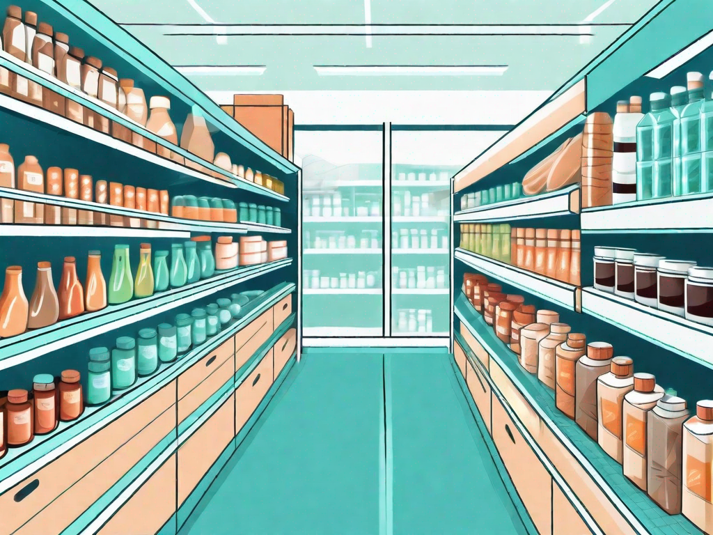 A supermarket aisle with different products neatly arranged on shelves