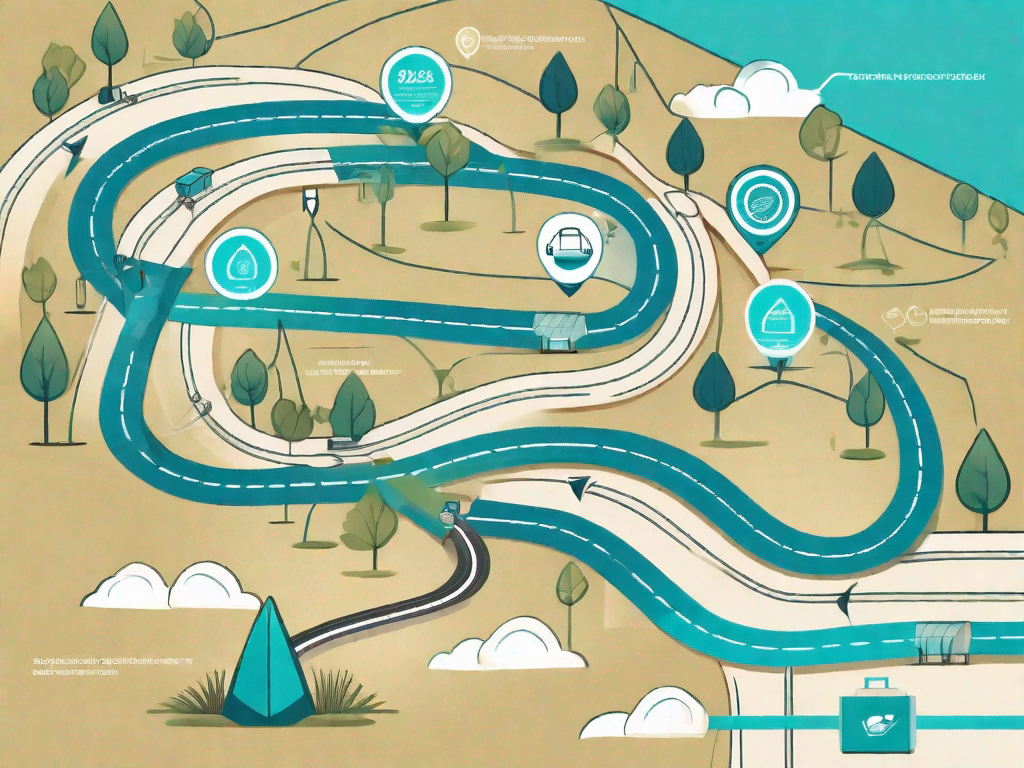 A map with various product icons placed strategically along a winding path