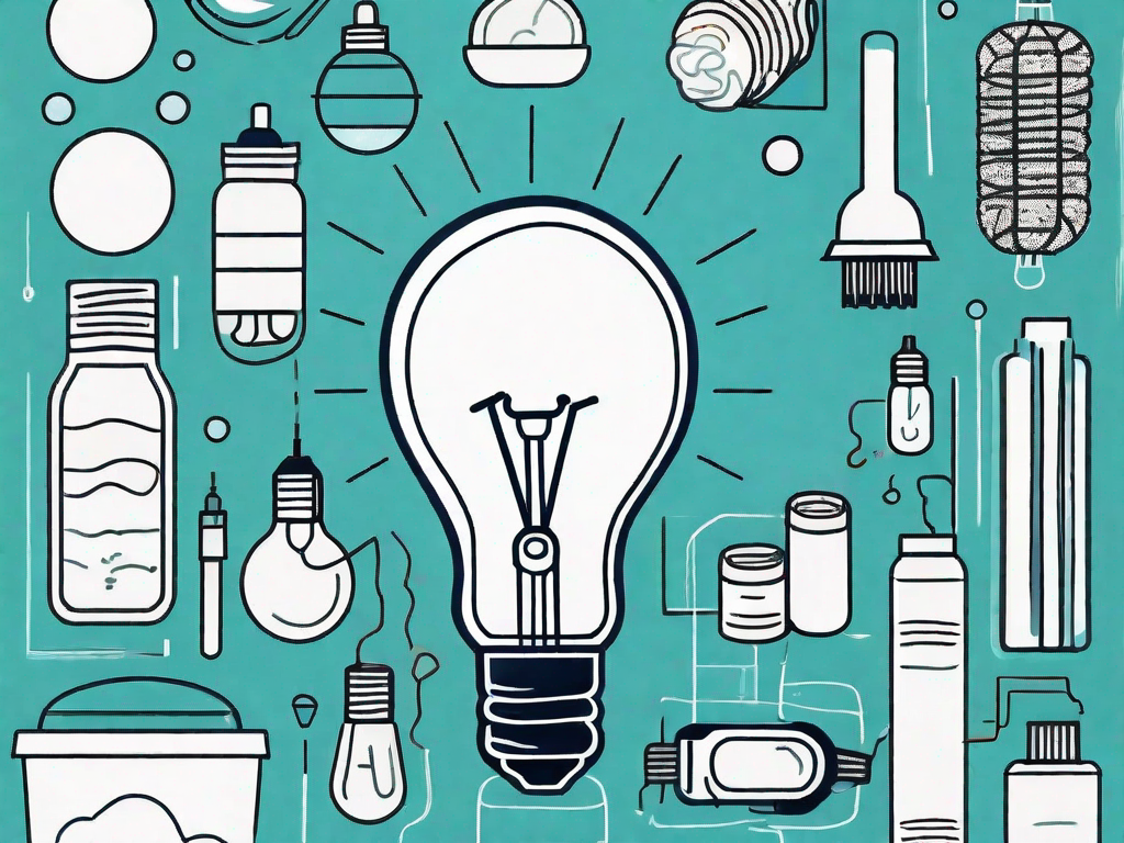 A lightbulb surrounded by various consumer products