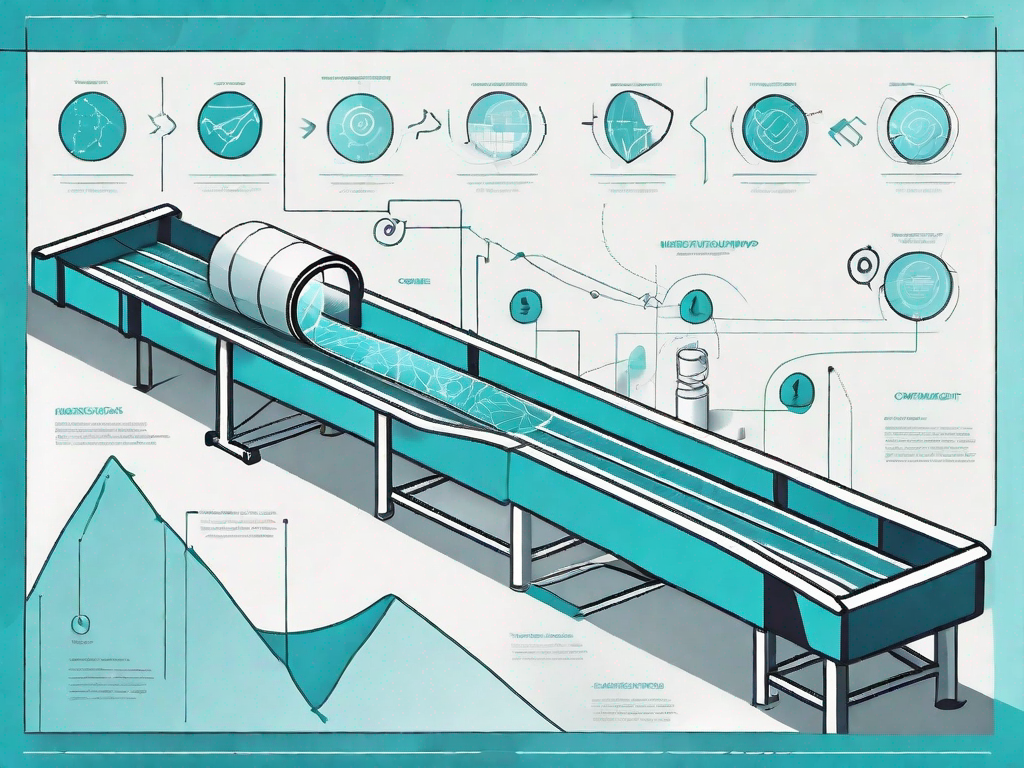 A product on a conveyor belt moving through various stages represented by abstract symbols