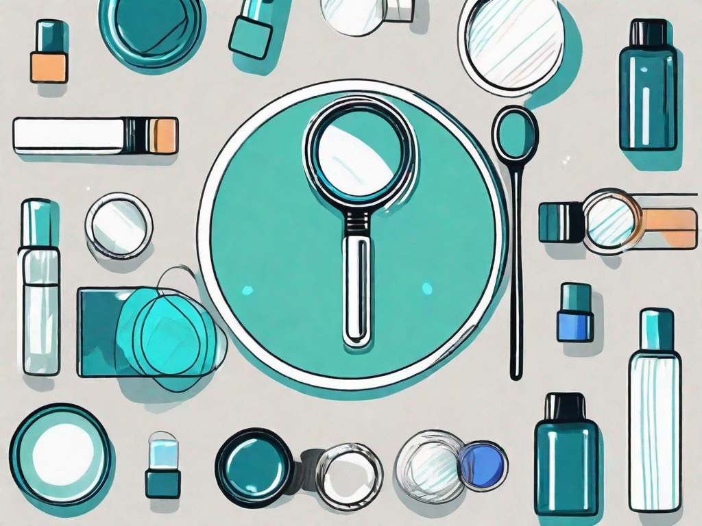 A magnifying glass hovering over a neatly arranged assortment of various consumer products