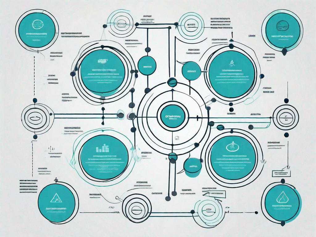 A data flow diagram with various symbols such as circles and arrows