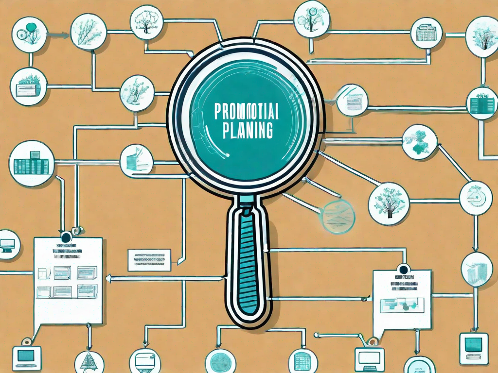 A magnifying glass focusing on a flowchart representing the process of promotional planning