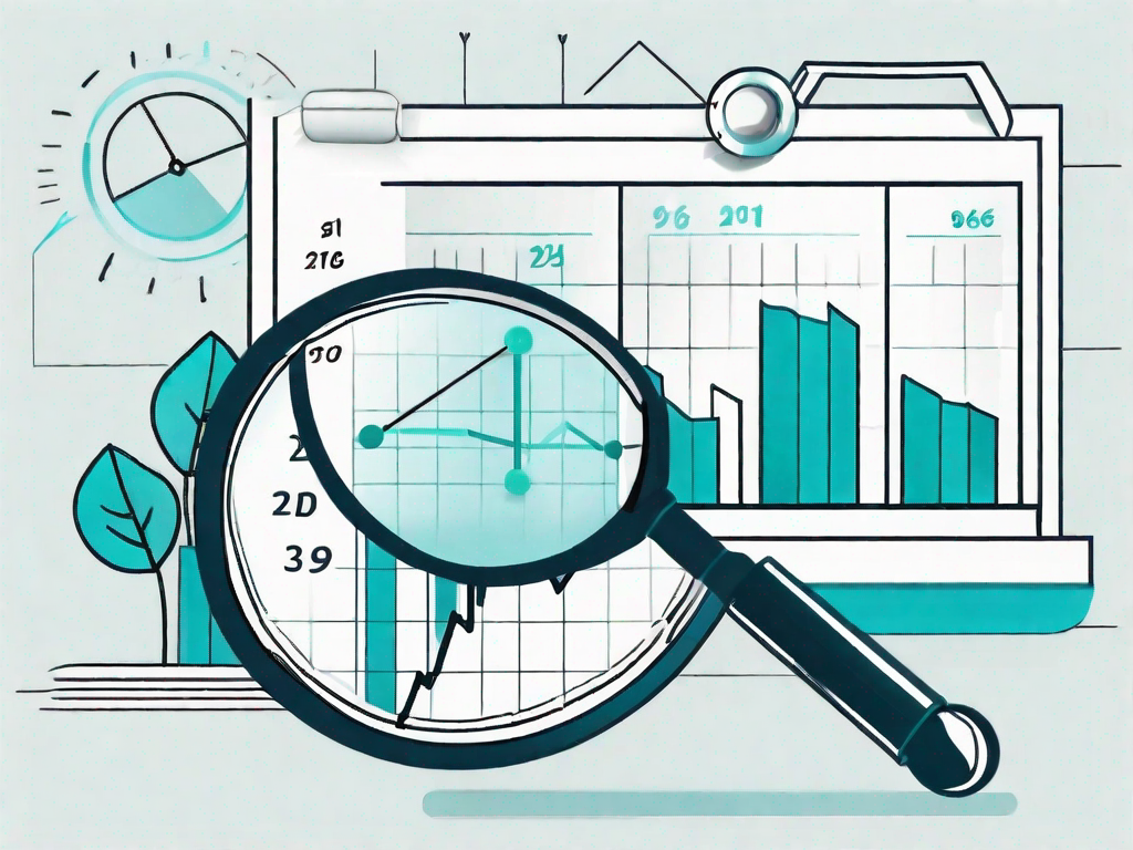 A magnifying glass hovering over a graph with various kpi indicators