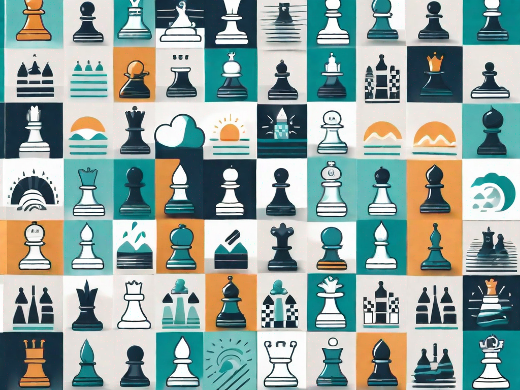 A chessboard with various marketing-related icons as chess pieces