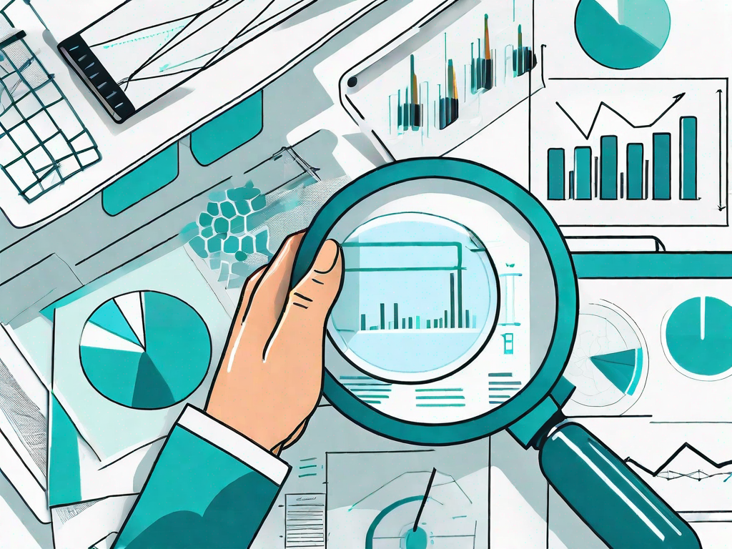 A magnifying glass focusing on a promotional poster surrounded by various marketing tools like charts