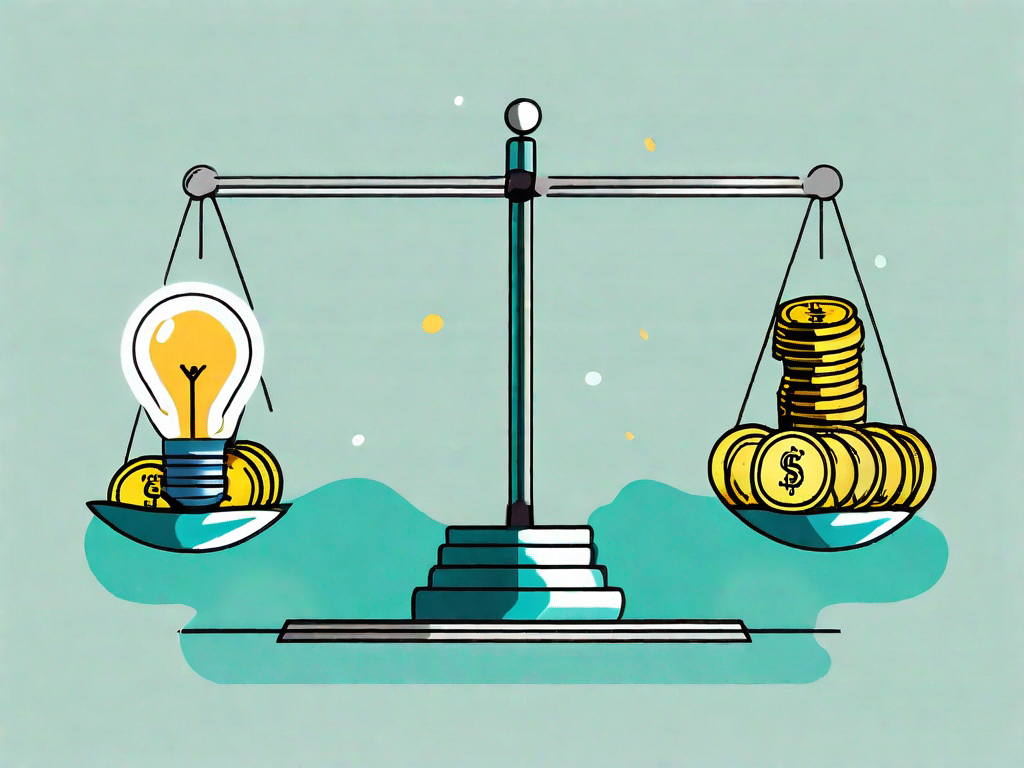 A balanced scale with a lightbulb (representing idea or content) on one side and coins (representing cost) on the other