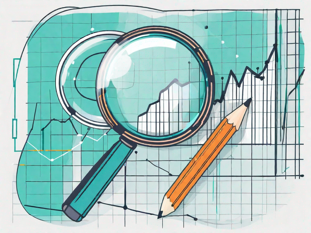 A magnifying glass hovering over a graph chart and a pencil