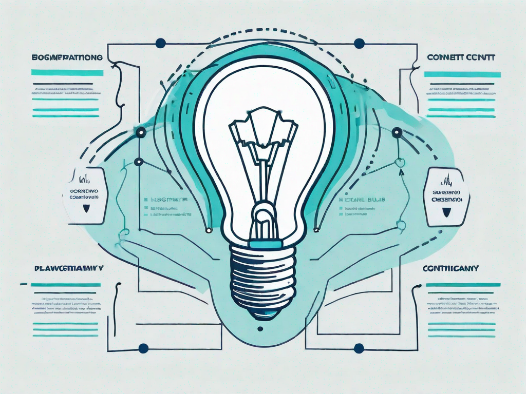 A light bulb (representing an idea) over a flowchart (representing scenario planning) with various paths leading to a trophy (representing improved content creation)