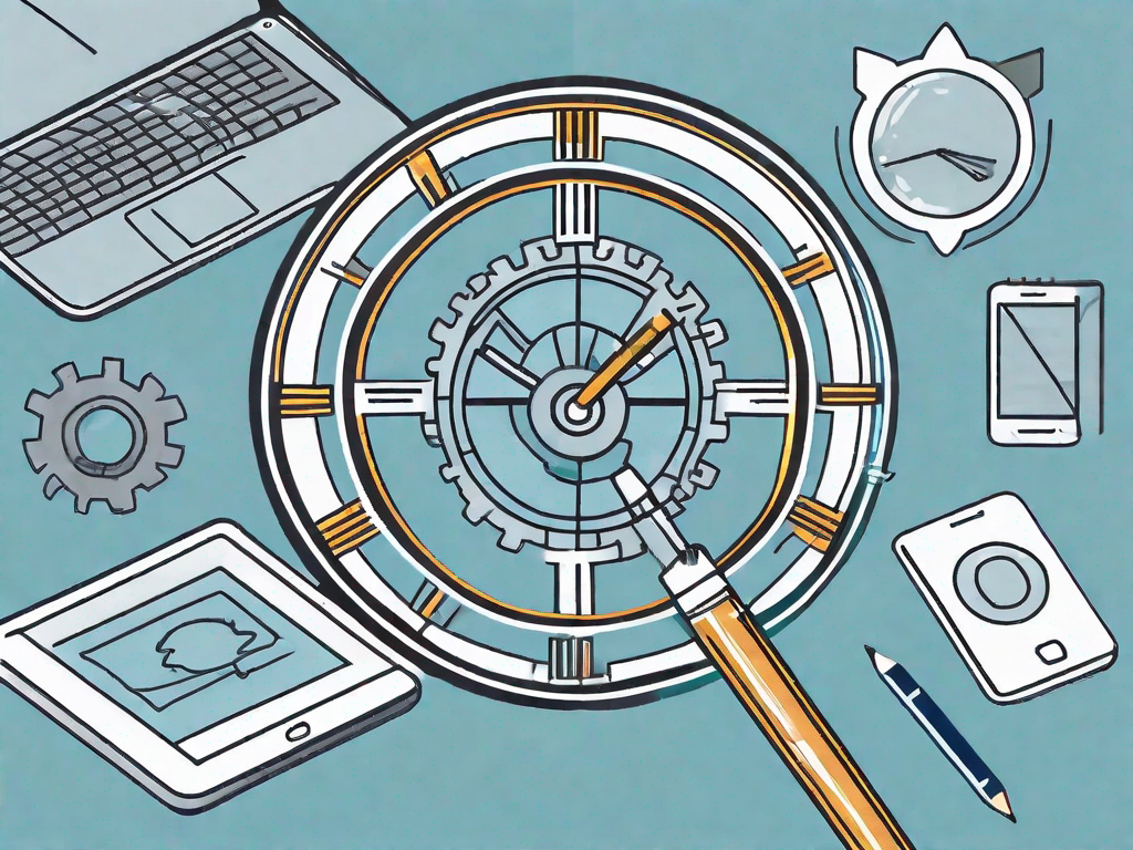 A pencil and a digital tablet surrounded by five symbolic forces such as a magnifying glass (representing competitive analysis)