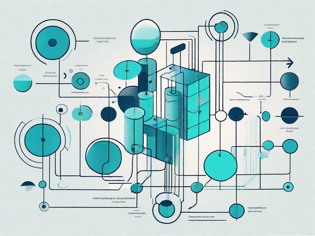 A data flow diagram with various symbols like circles