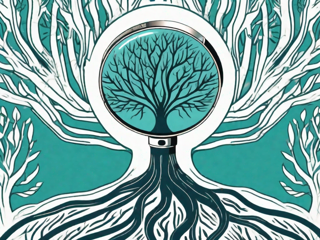 A magnifying glass focusing on the roots of a thriving tree that's shaped like a crown