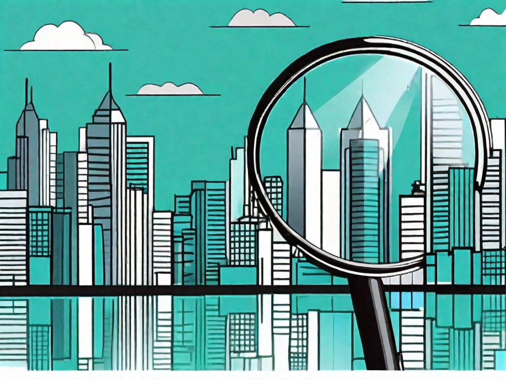 A magnifying glass hovering over a vibrant cityscape