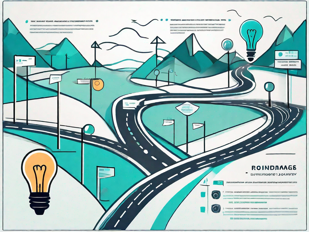 A roadmap with various signposts symbolizing different stages of a customer's journey