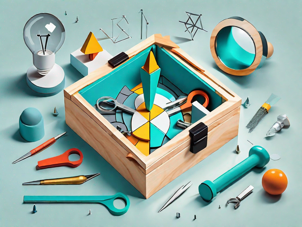 A toolbox with various tools symbolizing different aspects of scenario planning (such as a compass for direction