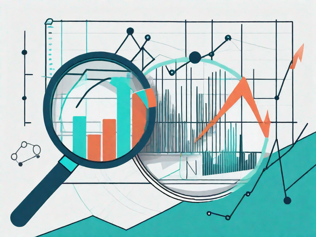 A magnifying glass hovering over a graph with trend lines and brand-related icons