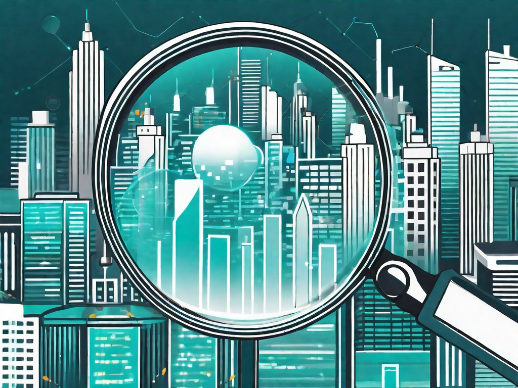 A magnifying glass hovering over a set of abstract symbols representing data