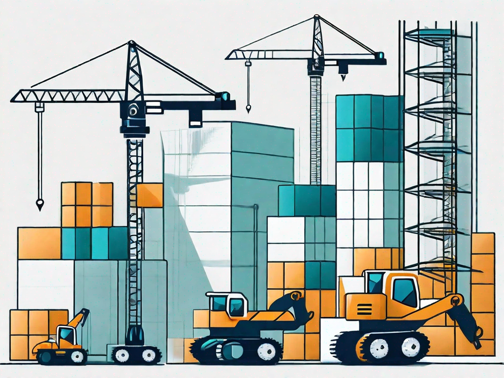 A construction site with various building blocks labeled with different aspects of brand building