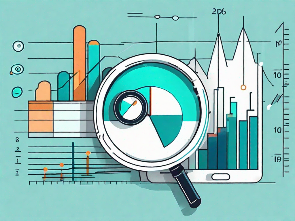 Various social media icons on a digital screen with a magnifying glass focusing on a bar graph and pie chart