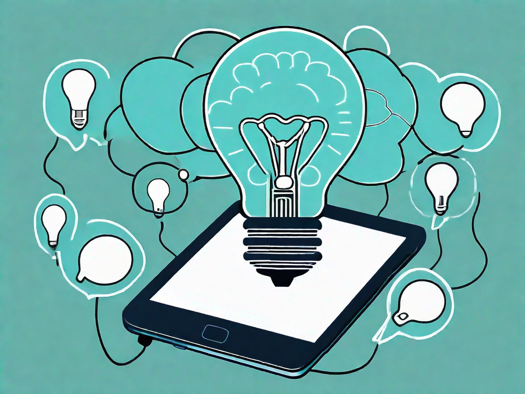 A light bulb (symbolizing ideas) over a digital tablet and smartphone (representing social media platforms)