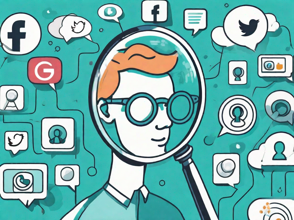 A magnifying glass focusing on various social media icons